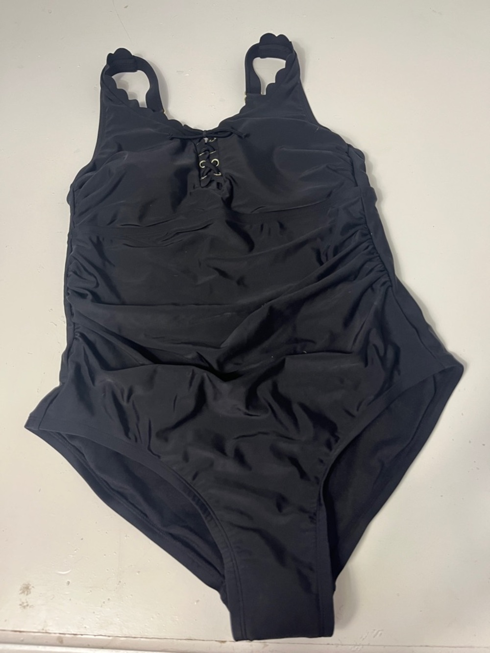 Kona Sol Sz 16 Black Lettude Edged Hem One Piece Swimsuit NWT
